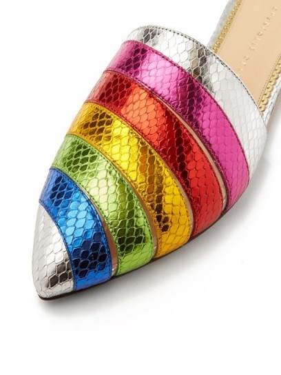 CHARLOTTE OLYMPIA Rainbow snakeskin-effect leather backless loafers ~ muticoloured metallic flat mules - flipped