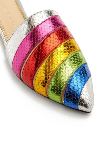 CHARLOTTE OLYMPIA Rainbow snakeskin-effect leather backless loafers ~ muticoloured metallic flat mules