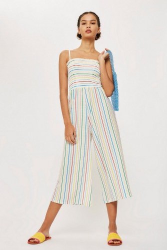 TOPSHOP Rainbow Striped Jumpsuit – shirred fabric – cropped leg jumpsuits – strappy summer style - flipped