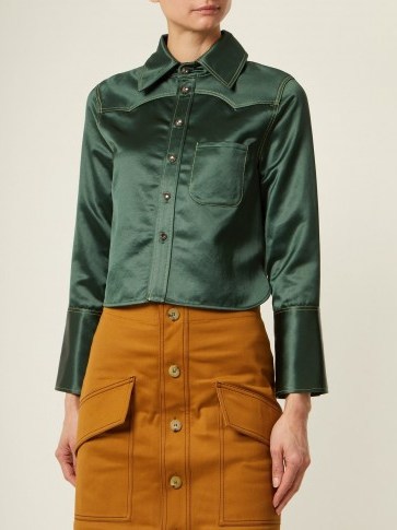 ACNE STUDIOS Rebecca Chinz contrast-stitch satin shirt ~ dark-green cropped curved hem shirts - flipped