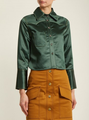 ACNE STUDIOS Rebecca Chinz contrast-stitch satin shirt ~ dark-green cropped curved hem shirts