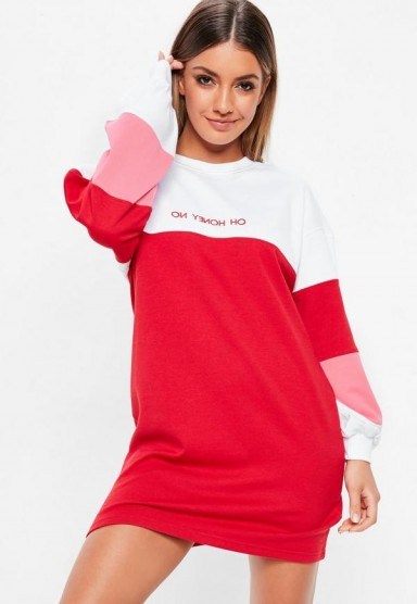 Missguided red contrast oh honey no slogan sweater dress – sporty fashion - flipped