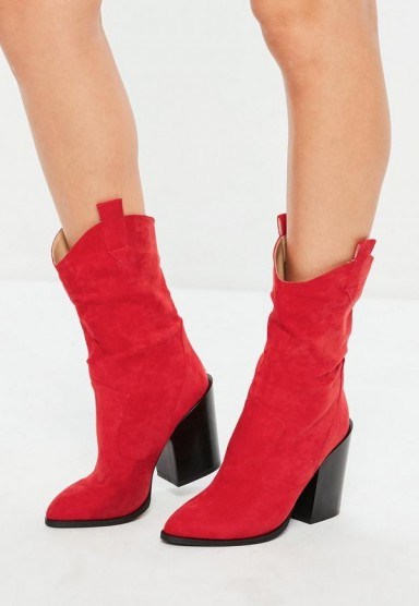 Missguided red mid height heeled western boots – chunky heels - flipped