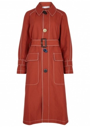 REJINA PYO Hazel contrast-stitch linen-blend trench coat terracotta – belted coats - flipped