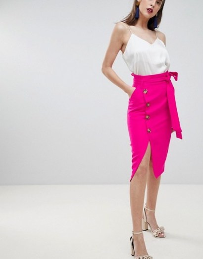 River Island Button Deatil Wrap Front Midi Skirt – hot pink skirts - flipped