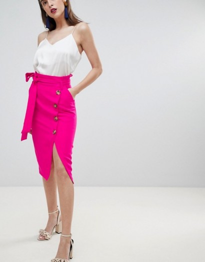River Island Button Deatil Wrap Front Midi Skirt – hot pink skirts