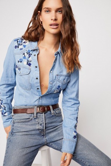 FREE PEOPLE Rodeo Babe Buttondown Top | embroidered denim | western shirts - flipped