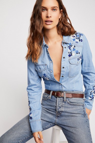 FREE PEOPLE Rodeo Babe Buttondown Top | embroidered denim | western shirts