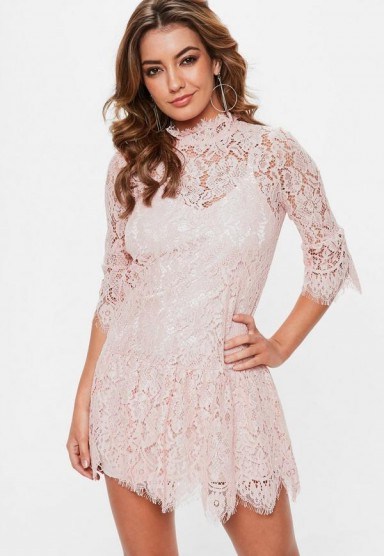 Missguided rose pink lace frill sleeve high neck shift dress – feminine party dresses - flipped