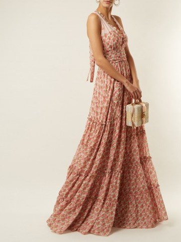 LUISA BECCARIA Rose-print ruffle-trimmed halterneck gown ~ beautiful pink halter heck gowns ~ romantic and feminine - flipped