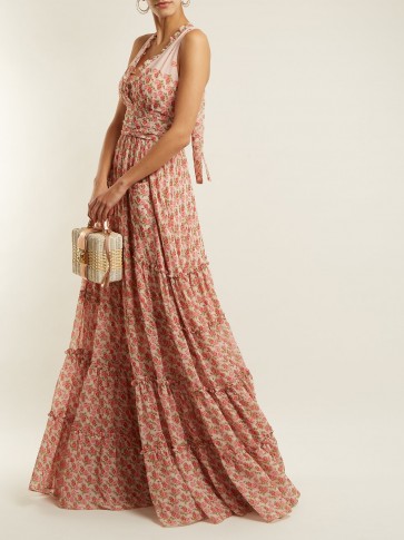 LUISA BECCARIA Rose-print ruffle-trimmed halterneck gown ~ beautiful pink halter heck gowns ~ romantic and feminine