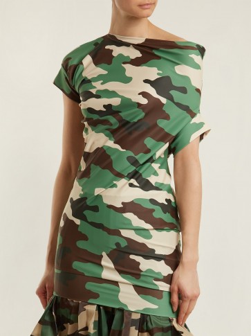 JUNYA WATANABE Ruched-detail camouflage-print jersey top / camo prints