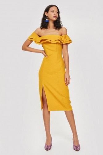 Topshop Ruffle Bardot Midi Dress Ochre ~ yellow off shoulder party dresses - flipped