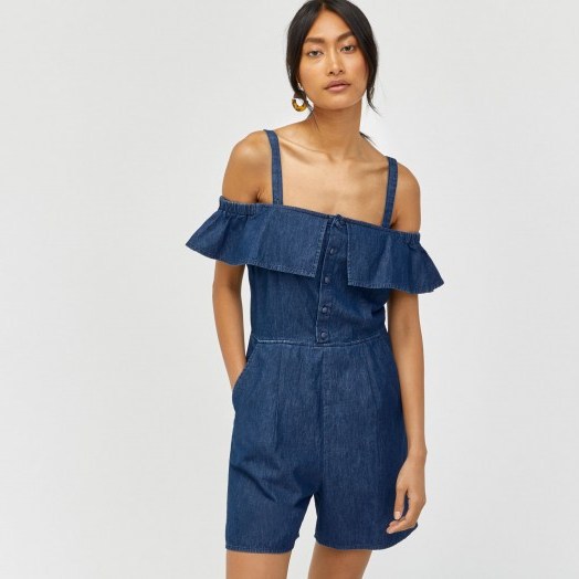 WAREHOUSE RUFFLE COLD SHOULDER PLAYSUIT ~ denim thin strap playsuits - flipped