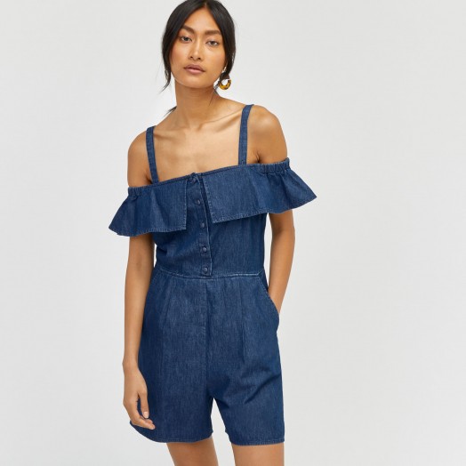 WAREHOUSE RUFFLE COLD SHOULDER PLAYSUIT ~ denim thin strap playsuits