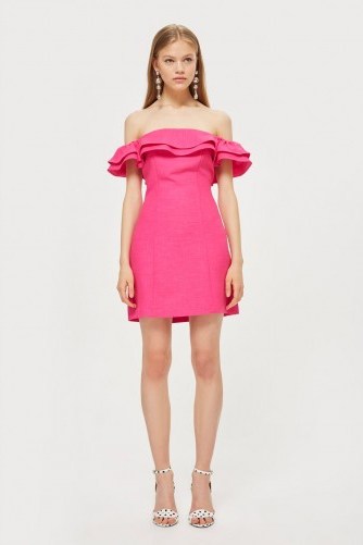 Topshop Ruffle Mini Bardot Dress | pink off shoulder party dresses - flipped