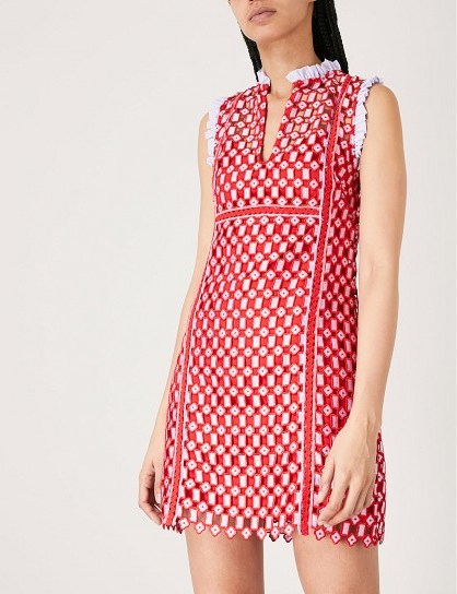 SANDRO Embroidered frilled neck mini dress rouge ~ red sleeveless dresses - flipped