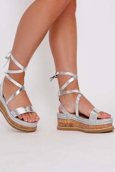 IN THE STYLE SELBY SILVER TIE LEG PLATFORM ESPADRILLES – strappy summer sandals - flipped