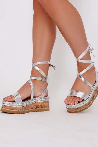 IN THE STYLE SELBY SILVER TIE LEG PLATFORM ESPADRILLES – strappy summer sandals