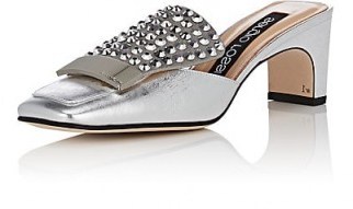 SERGIO ROSSI Square-Toe Metallic Leather Mules ~ glamorous silver slip-on shoes ~ vintage look footwear - flipped