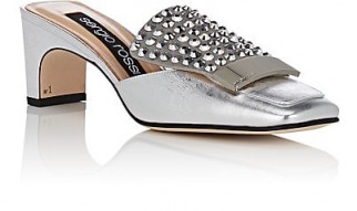 SERGIO ROSSI Square-Toe Metallic Leather Mules ~ glamorous silver slip-on shoes ~ vintage look footwear