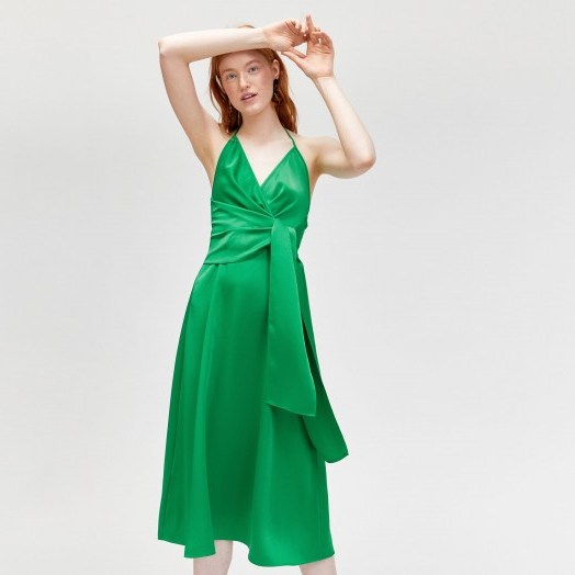 WAREHOUSE SIDE TIE HALTER DRESS / green halterneck dresses - flipped