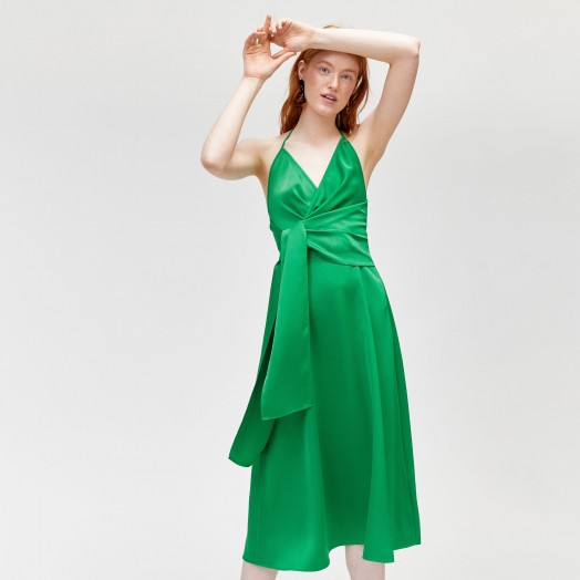 WAREHOUSE SIDE TIE HALTER DRESS / green halterneck dresses