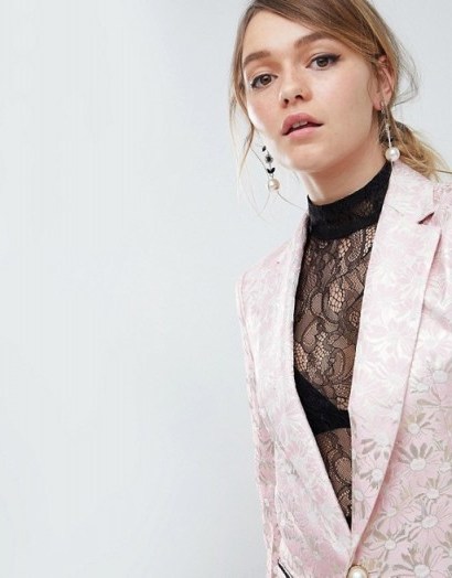Sister Jane Tailored Blazer In Gold Leaf Jacquard in Dusty Pink – luxe jackets - flipped
