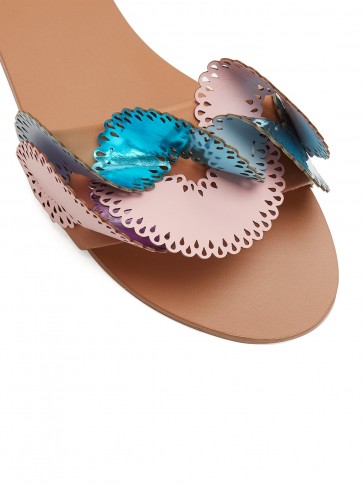 SOPHIA WEBSTER Soleil laser-cut ruffle leather slides ~ metallic-blue and pink ruffled flats