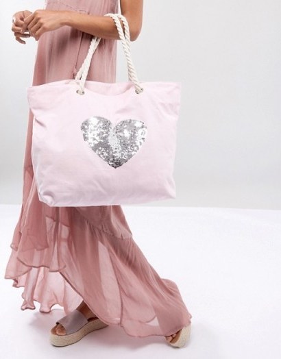 South Beach Blush Washed Cotton Beach Bag With Sequin Heart ~ hearts ~ sequins - flipped