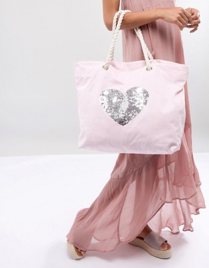 South Beach Blush Washed Cotton Beach Bag With Sequin Heart ~ hearts ~ sequins