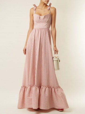 LUISA BECCARIA Striped ruffle-trimmed dress ~ pink and white stripe summer event dresses ~ tie shoulder straps ~ ruffled hemline - flipped