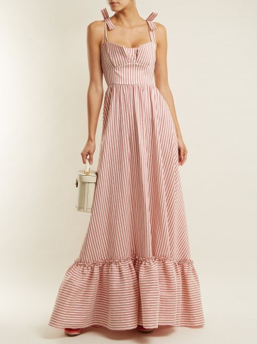 LUISA BECCARIA Striped ruffle-trimmed dress ~ pink and white stripe summer event dresses ~ tie shoulder straps ~ ruffled hemline