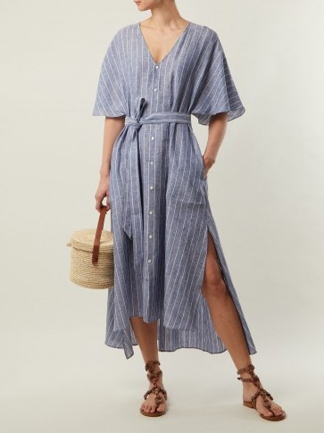 PALMER//HARDING Striped tie-waist light-blue linen dress ~ side slit vacation dresses - flipped