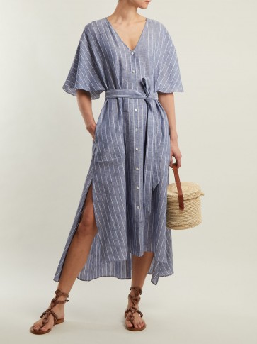 PALMER//HARDING Striped tie-waist light-blue linen dress ~ side slit vacation dresses
