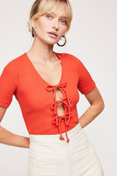 Free People Sweetheart Tee Tomato | red bow front tops - flipped