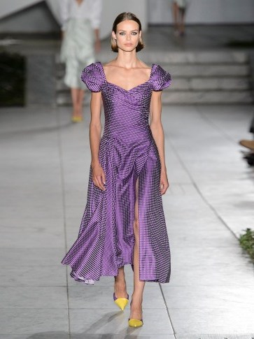 CAROLINA HERRERA Sweetheart-neckline, puff-sleeve gingham dress ~ purple ruched dresses - flipped
