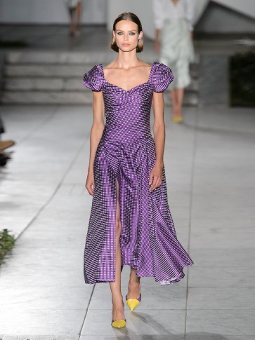 CAROLINA HERRERA Sweetheart-neckline, puff-sleeve gingham dress ~ purple ruched dresses