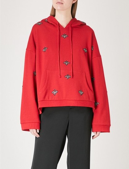THE KOOPLES Bead embroidered cotton-fleece hoody red07 ~ red embellished hoodies ~ beaded bugs - flipped