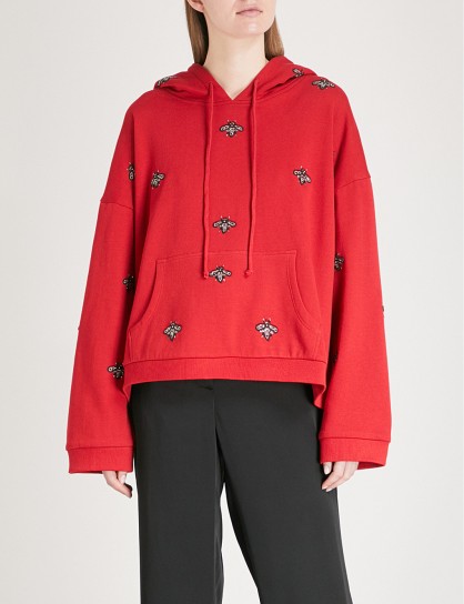 THE KOOPLES Bead embroidered cotton-fleece hoody red07 ~ red embellished hoodies ~ beaded bugs