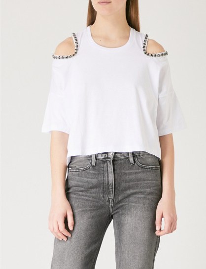 THE KOOPLES Embellished cold-shoulder cotton-jersey T-shirt – white cut out t-shirts - flipped