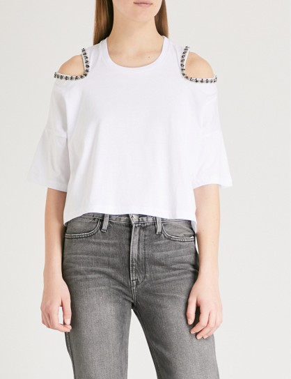 THE KOOPLES Embellished cold-shoulder cotton-jersey T-shirt – white cut out t-shirts