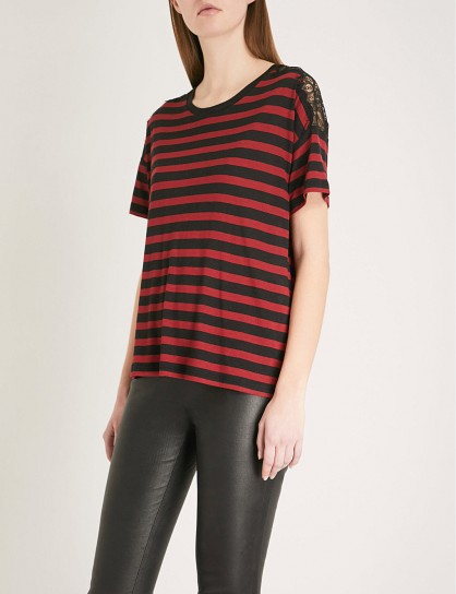 THE KOOPLES Lace-detail striped jersey T-shirt / black and red stripe tees