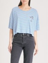 THE KOOPLES Palm-tree embroidered striped jersey T-shirt / blue tees
