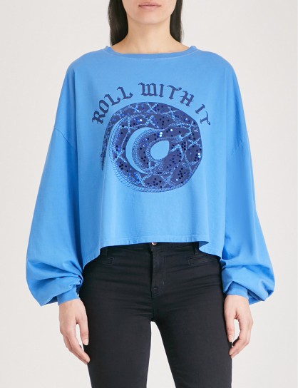 THE KOOPLES Roll With It cotton-jersey top – blue slogan tops