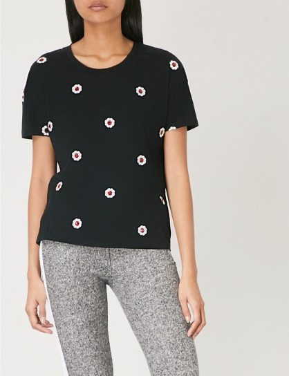 THE KOOPLES Ruby floral-embroidered cotton T-shirt / black embellished t-shirts - flipped