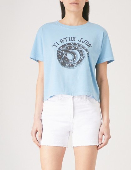 THE KOOPLES Snake-print cotton-jersey T-shirt / light blue slogan ‘roll with it’ t-shirts - flipped
