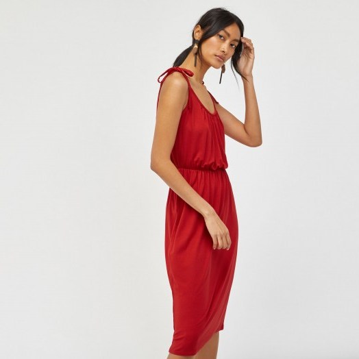WAREHOUSE TIE SHOULDER CAMI DRESS | red gathered waist slip dresses - flipped