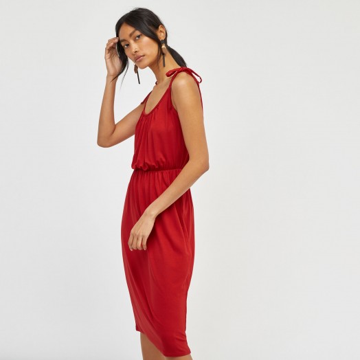 WAREHOUSE TIE SHOULDER CAMI DRESS | red gathered waist slip dresses