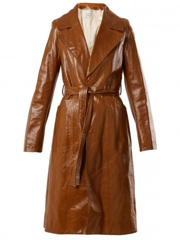 YVES SALOMON Tie-waist brown patent-leather trench coat – as worn by Emily Ratajkowski out in New York, 9 April 2018. Celebrity coats | star style fashion - flipped